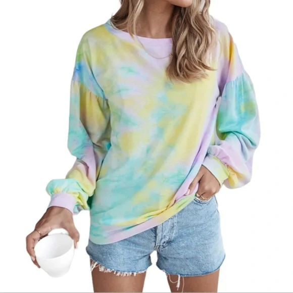 NWT 🩷 OVERSIZED COTTON BLEND PASTEL TIE-DYE PUFF SLEEVE SWEATSHIRT Women’s XL - Picture 2 of 6